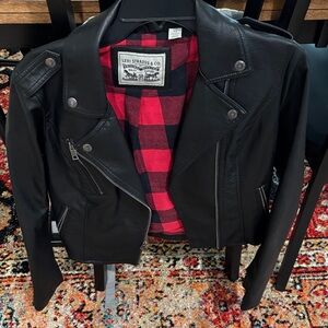 Levi's Black Faux Leather Moto Jacket with Red Buffalo Plaid Lining - Size XS
